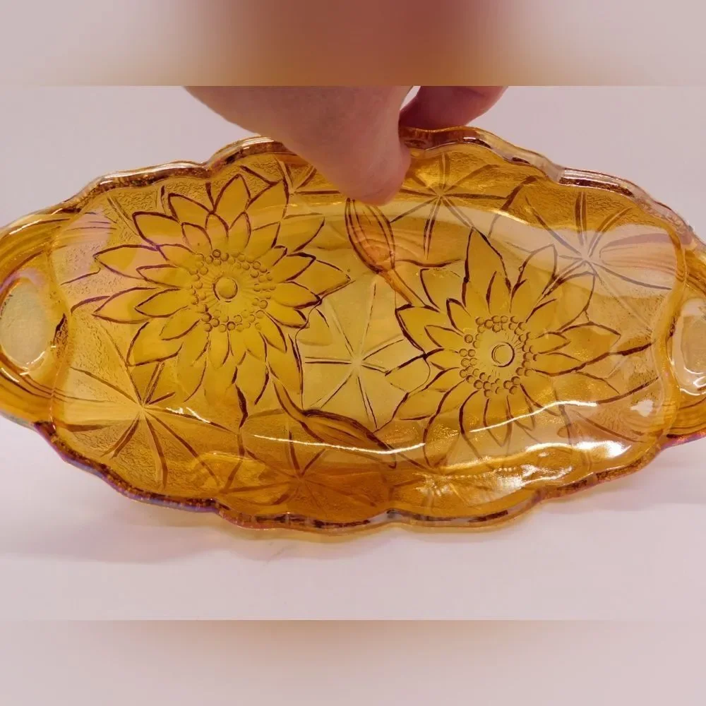 Marigold carnival glass celery dish